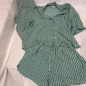 Three Piece Green Pattern Set. Short, Pant, Blouse By A New Day